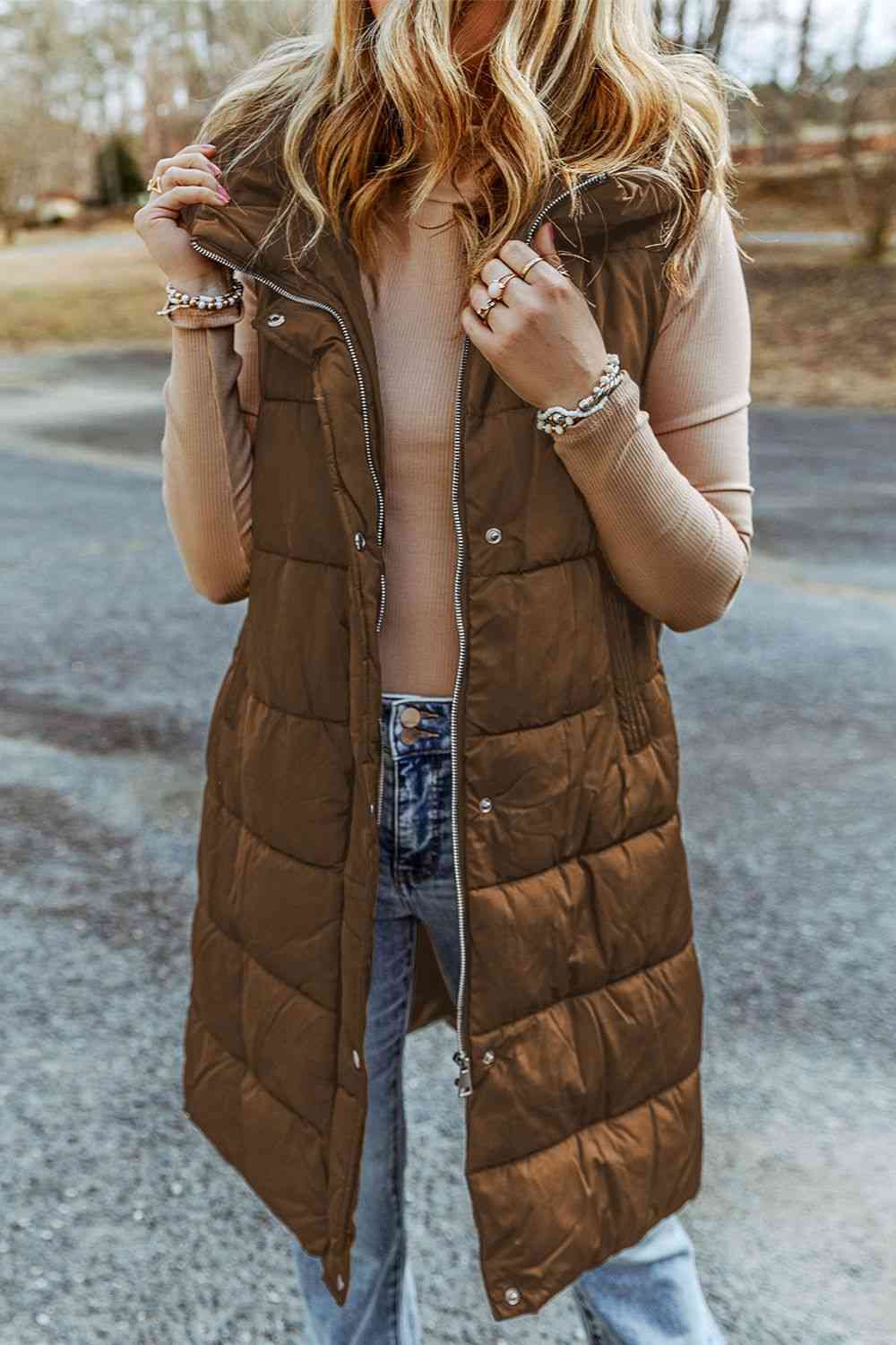 Longline Hooded Sleeveless Puffer Vest Trendsi