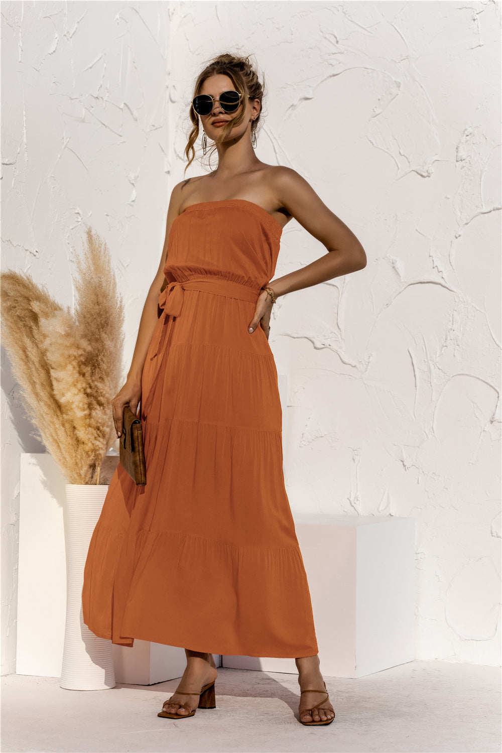 Strapless Tie Waist Tiered Maxi Dress Trendsi