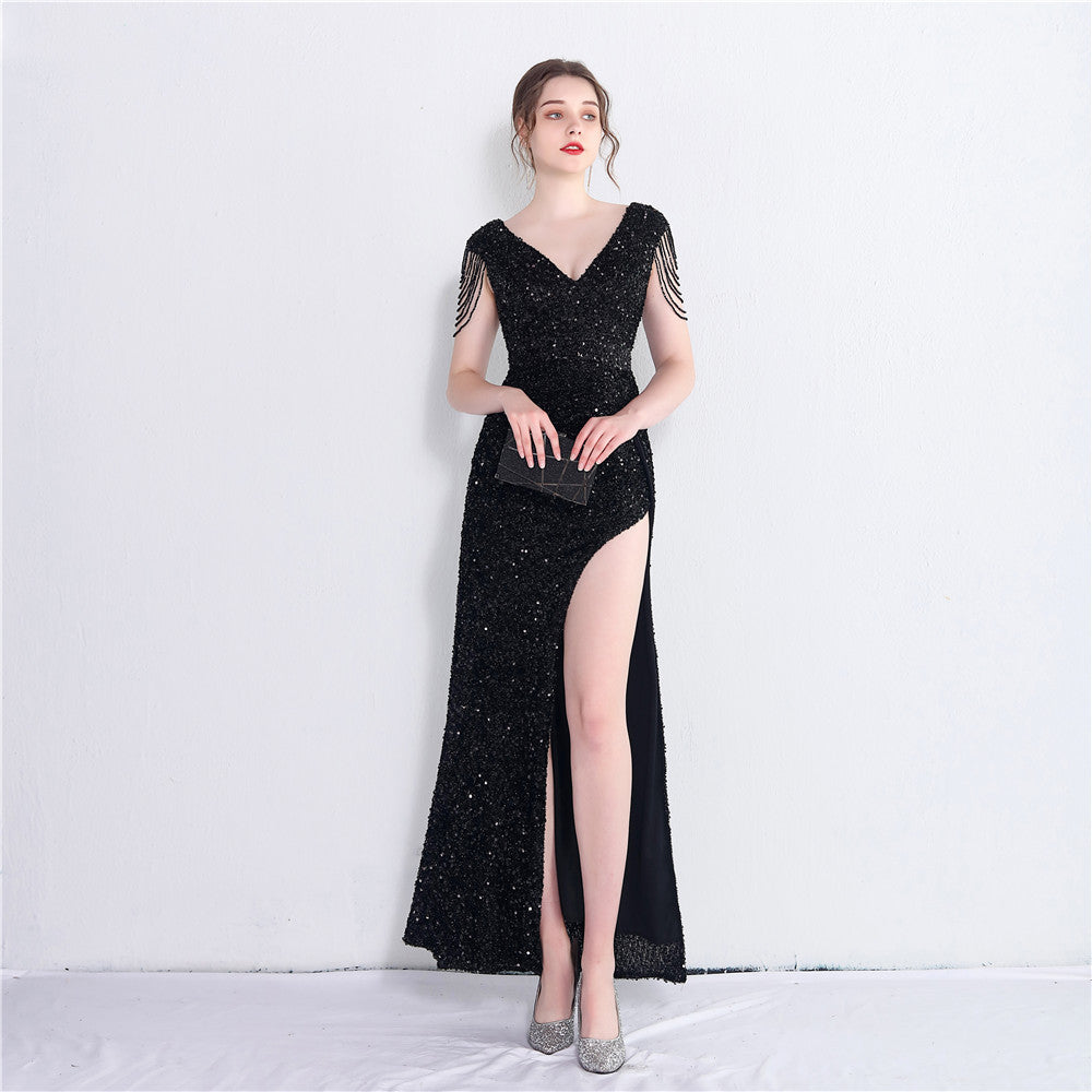 Women's Handmade Sequins Temperament Slit Long Fishtail Skirt aclosy