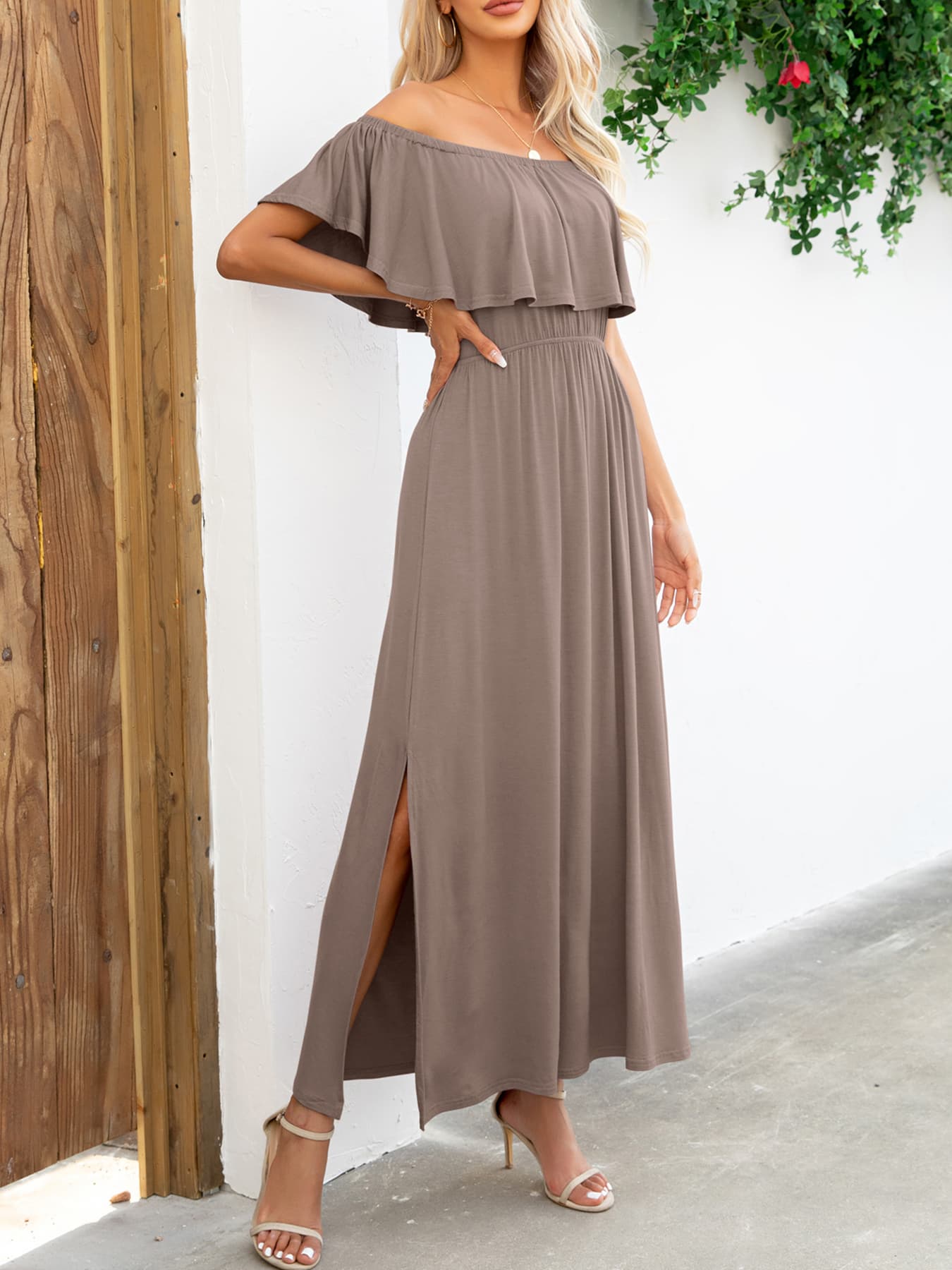 Off-Shoulder Slit Maxi Dress Trendsi