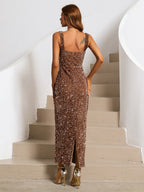 CHIC SEQUIN SLIT GRAND SLEEVELESS DRESS-BROWN Trendsi