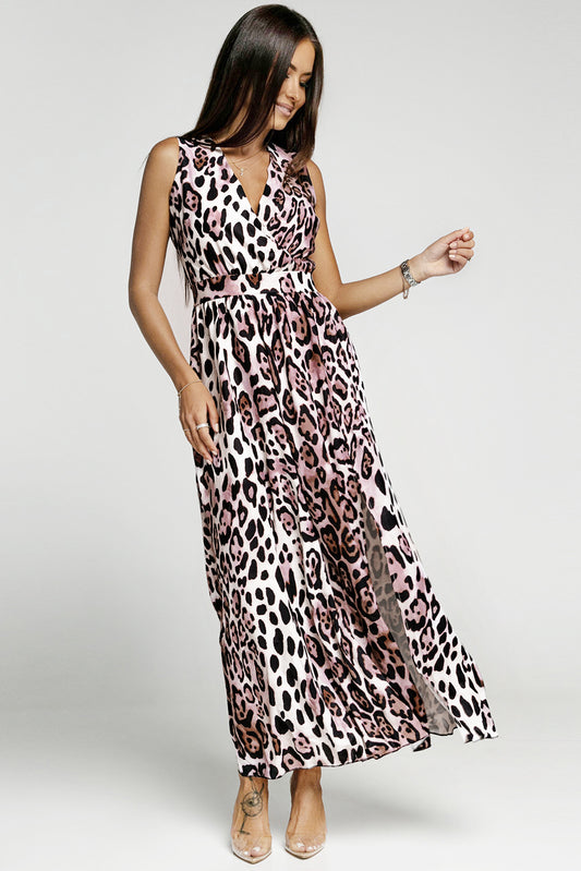 Leopard Print Open Back Split Sleeveless Dress Trendsi
