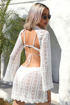 Openwork Scalloped Trim Long Sleeve Cover-Up Dress Trendsi