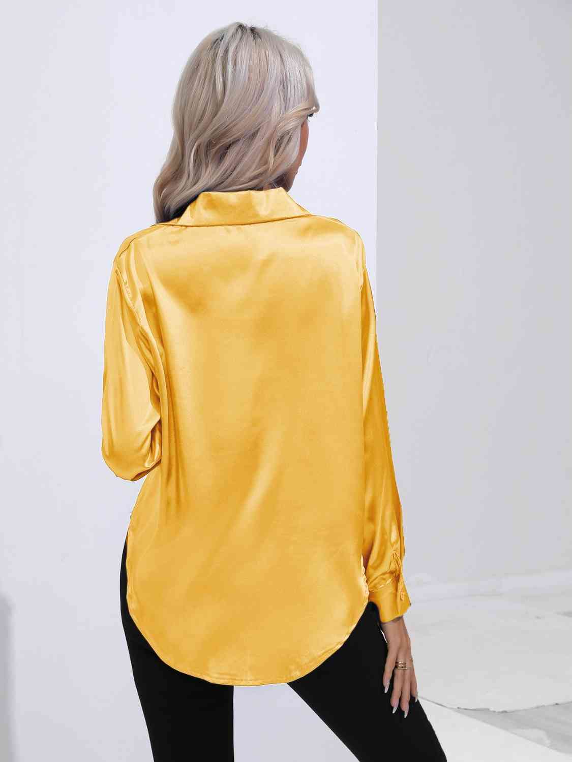Collared Neck Buttoned Long Sleeve Shirt Trendsi