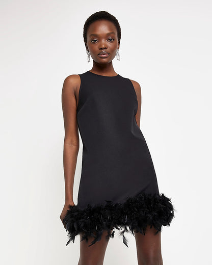 Layia Feather Half Turtleneck Sleeveless Dress-Black Aclosy