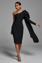 one shoulder black midi dress