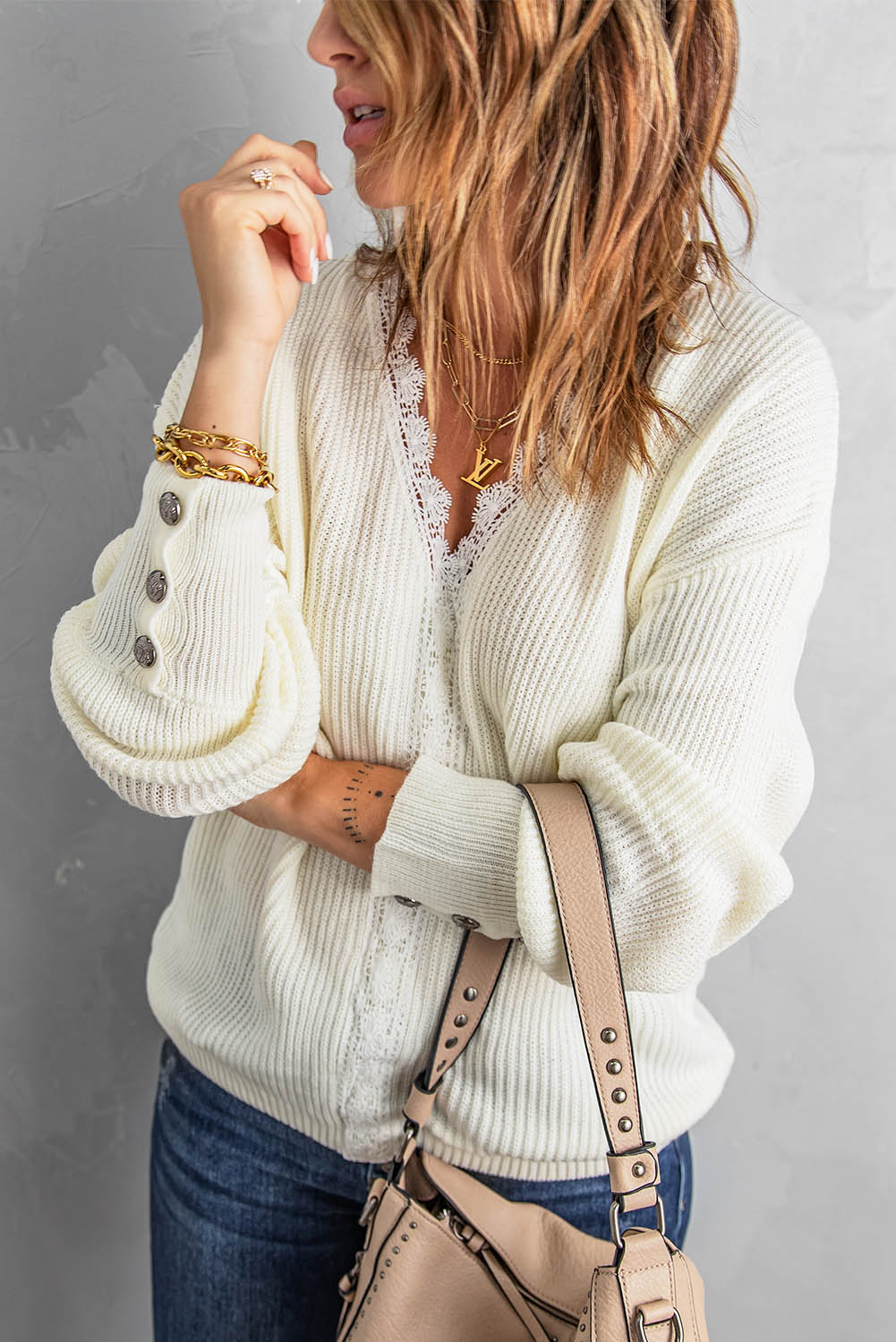 Lace Trim V-Neck Button Cuff Rib-Knit Sweater Trendsi