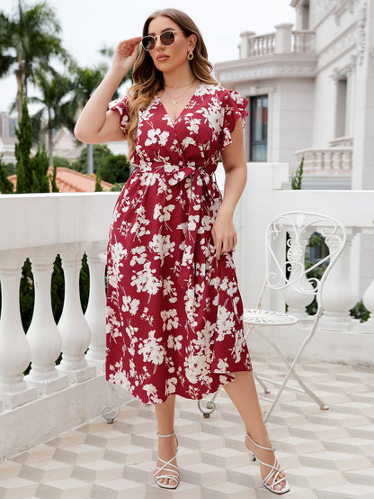 Plus Size Floral Tie Waist Surplice Neck Midi Dress Trendsi