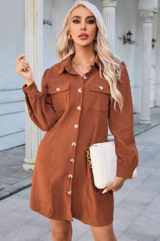 Button Down Puff Sleeve Dress Trendsi