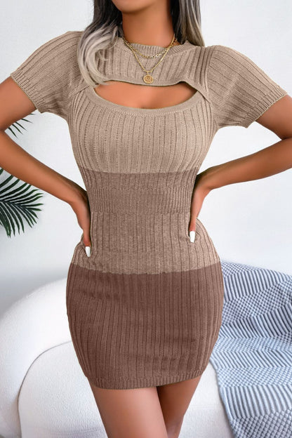 Color Block Cutout Short Sleeve Sweater Dress Trendsi