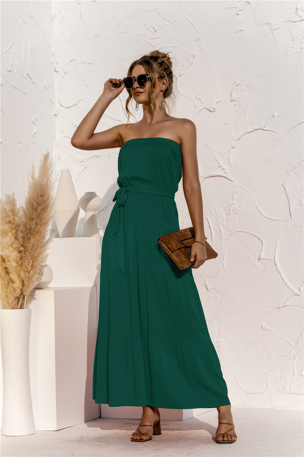 Strapless Tie Waist Tiered Maxi Dress Trendsi