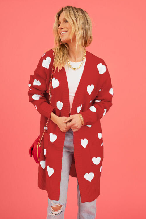 Heart Graphic Open Front Cardigan with Pockets Trendsi