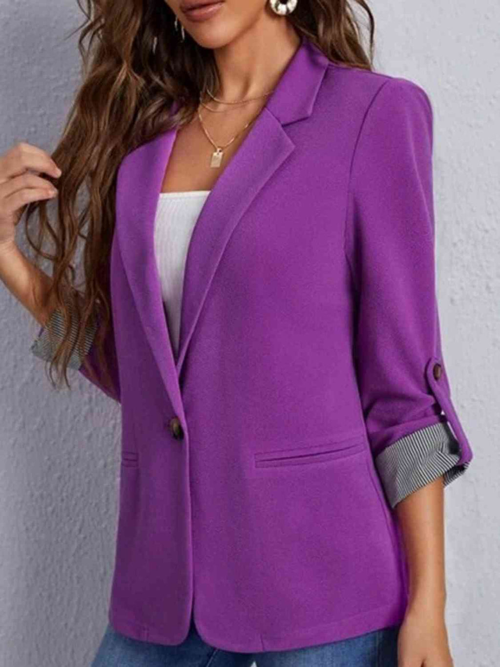 Lapel Collar Roll-Tab Sleeve Blazer Trendsi