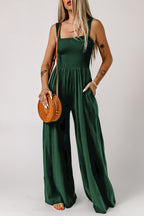 Smocked Square Neck Wide Leg Jumpsuit with Pockets Trendsi