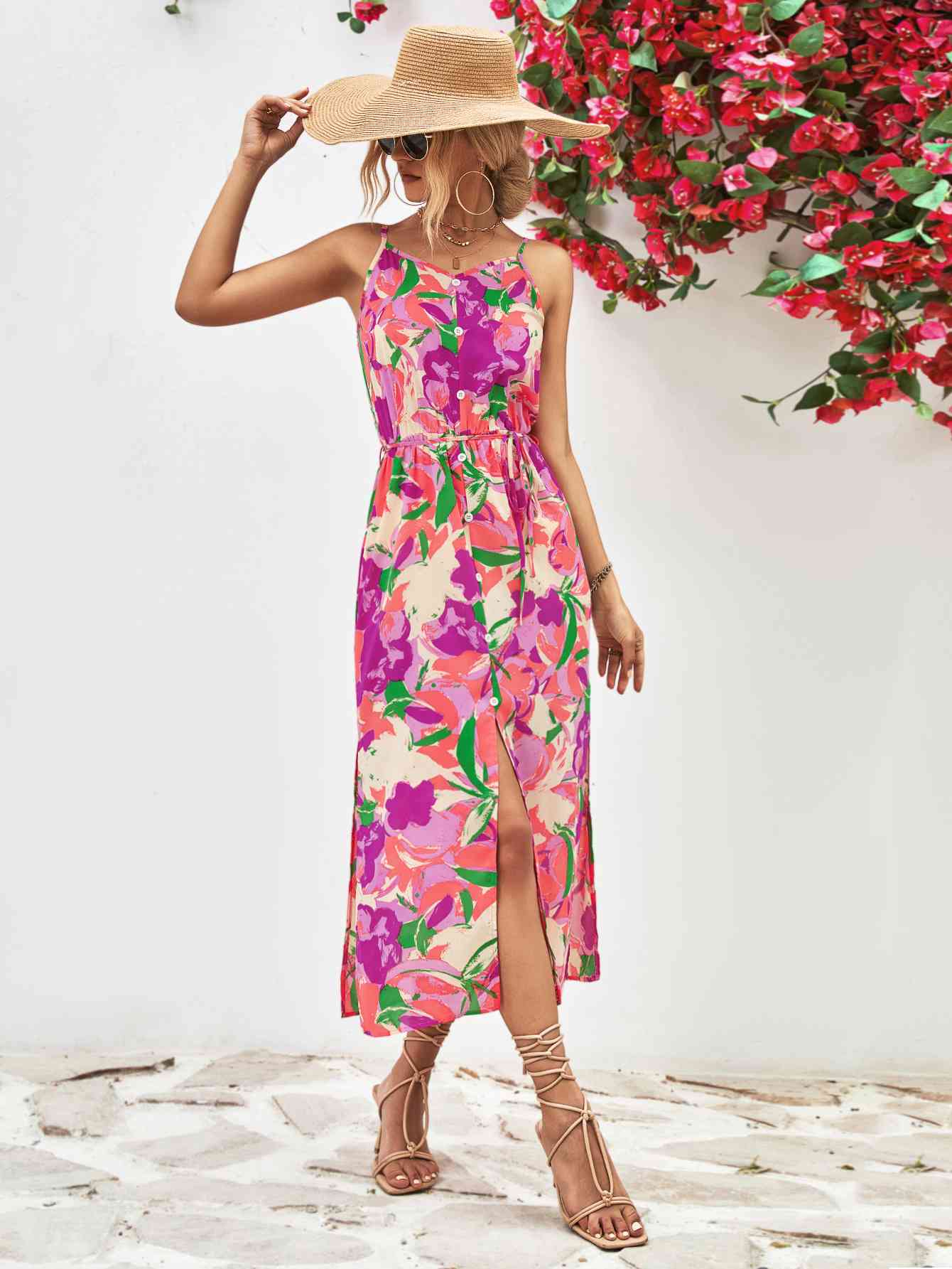 Printed Spaghetti Strap Front Slit Dress Trendsi