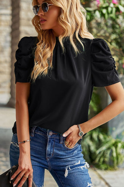 Tie Back Gathered Detail Puff Sleeve Top Trendsi