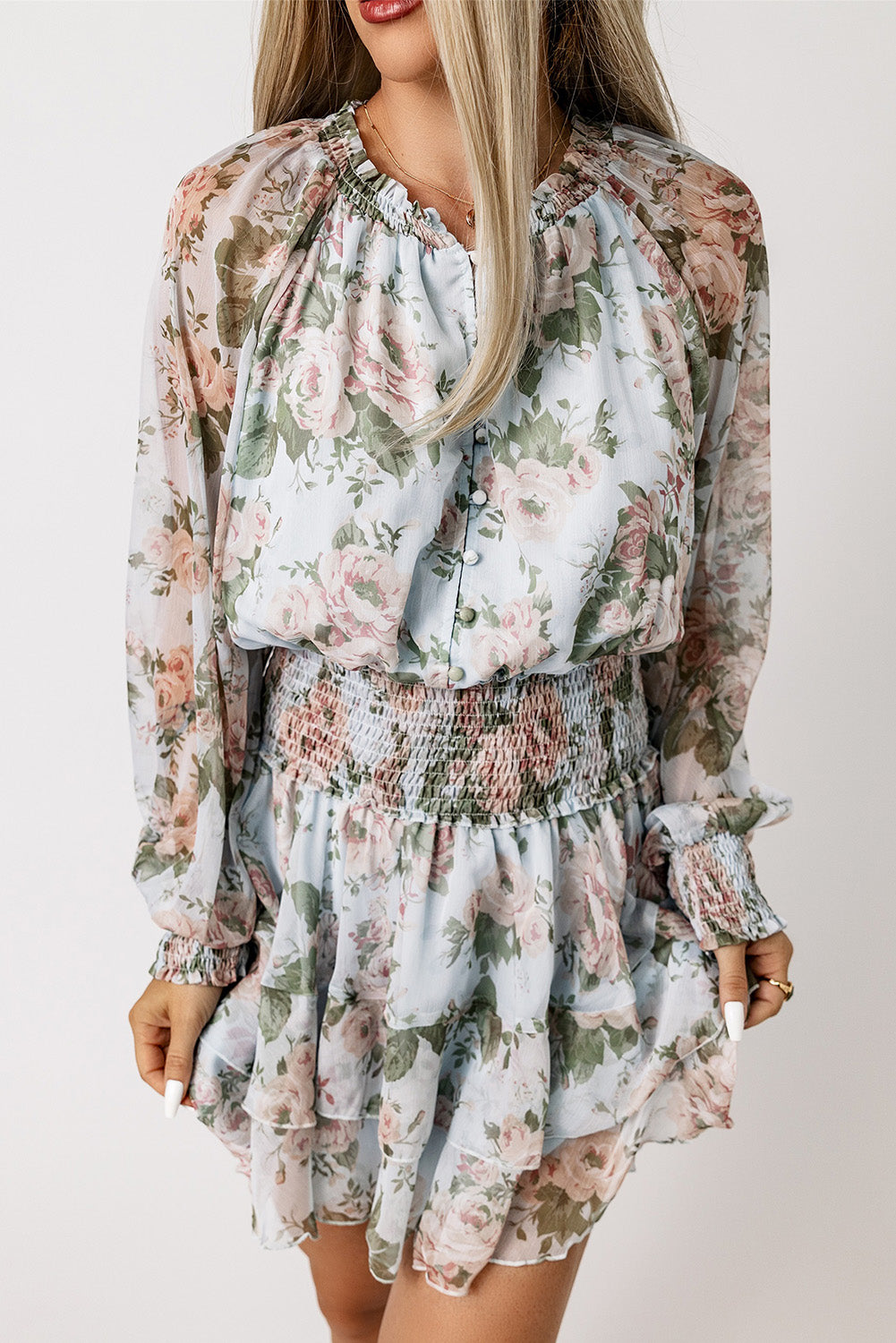 Floral Smocked Waist Layered Mini Dress Trendsi