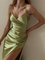 Satin V-neck Side Gathered Dress-Green aclosy