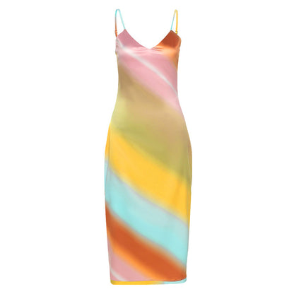 Rainbow Sling V-Neck Backless Dress aclosy