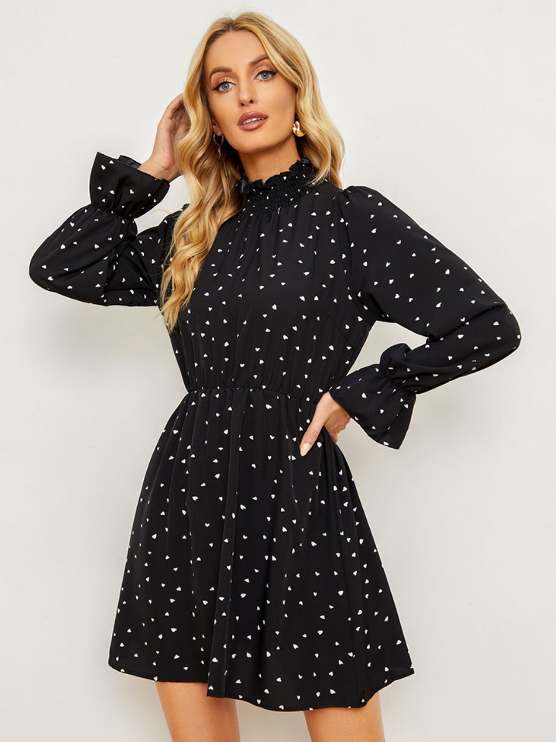 Printed  Long Flounce Sleeve Frill Neck Dress Trendsi