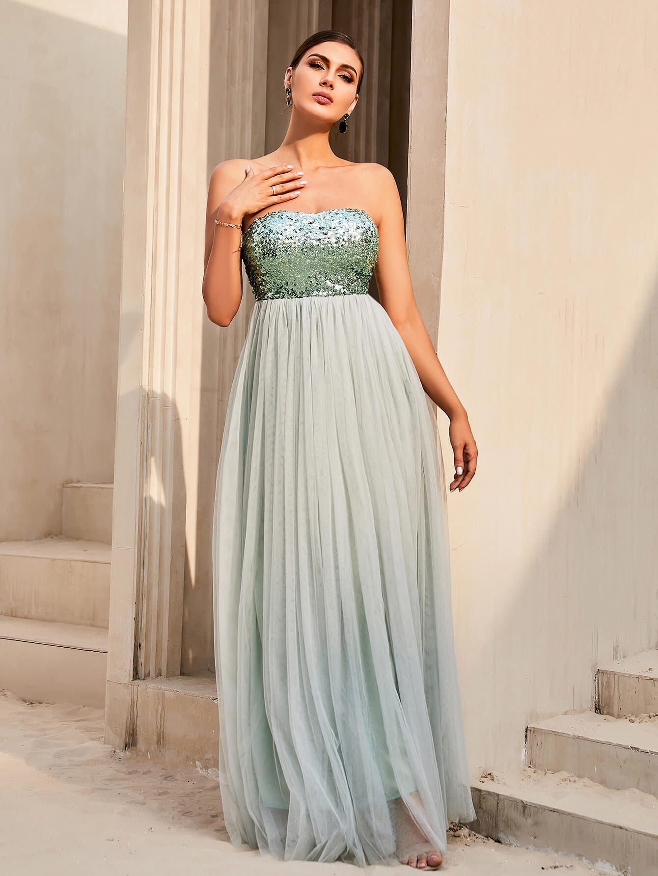 Sequin Strapless Spliced Tulle Dress Trendsi