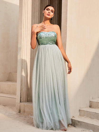 Sequin Strapless Spliced Tulle Dress Trendsi