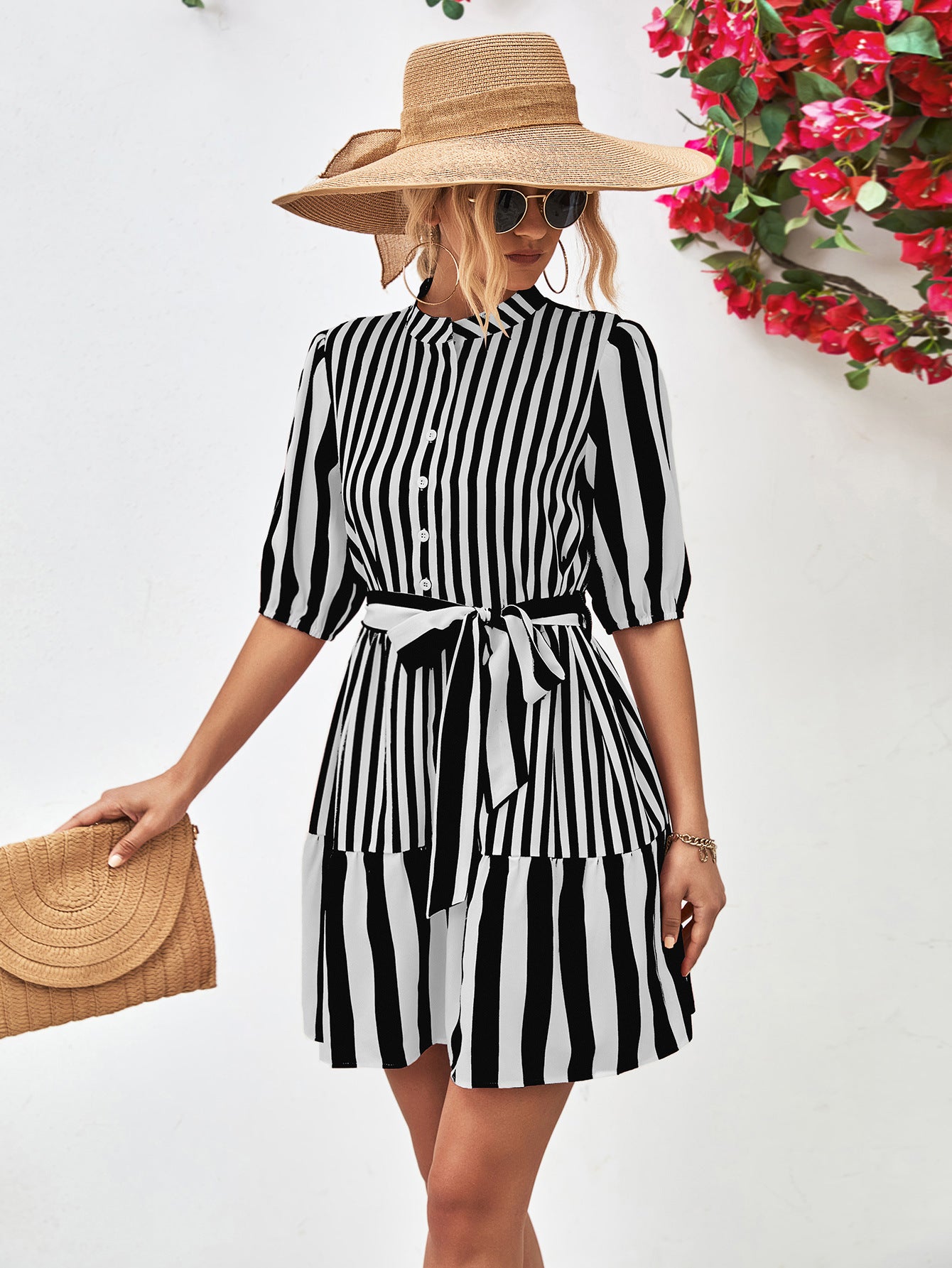 Striped Half Sleeve Tie Waist Mini Dress Trendsi