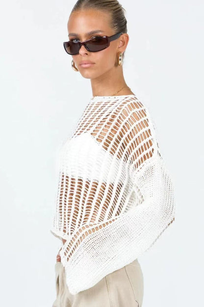 Openwork Boat Neck Long Sleeve Cover Up Trendsi