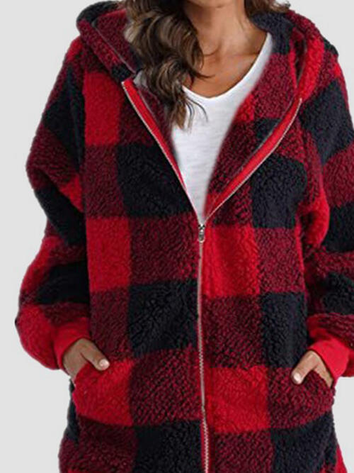 Plaid Zip Up Hooded Jacket with Pockets Trendsi