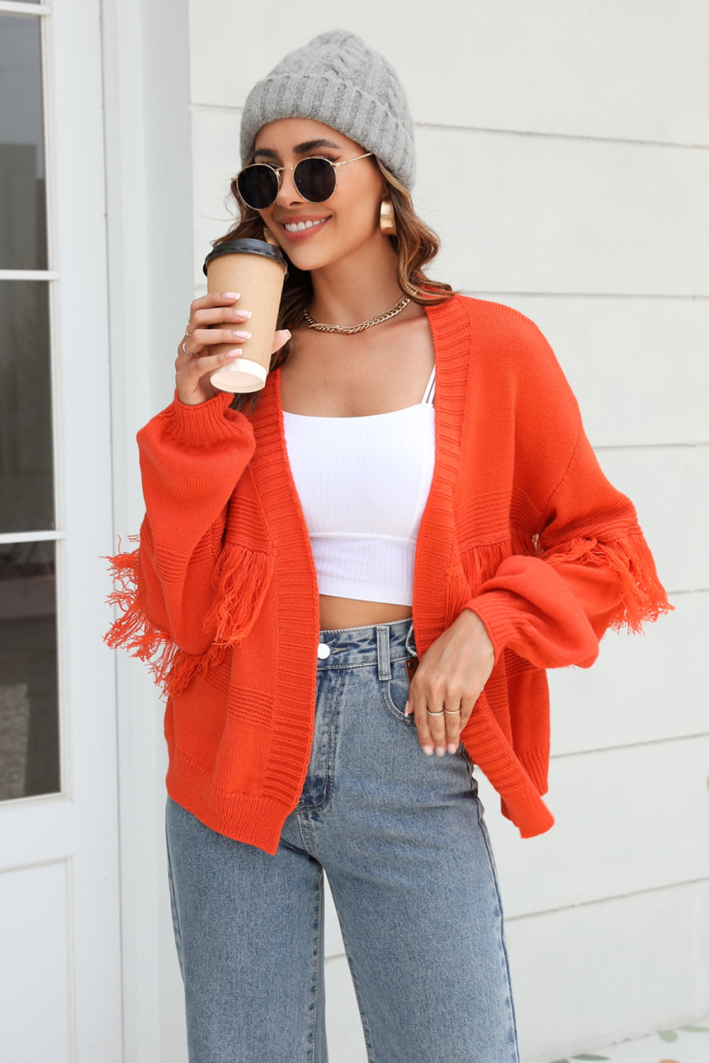 Double Take Fringe Trim Open Front Cardigan Trendsi