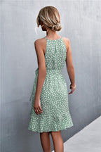 Printed Tie Waist Ruffle Hem Sleeveless Dress Trendsi