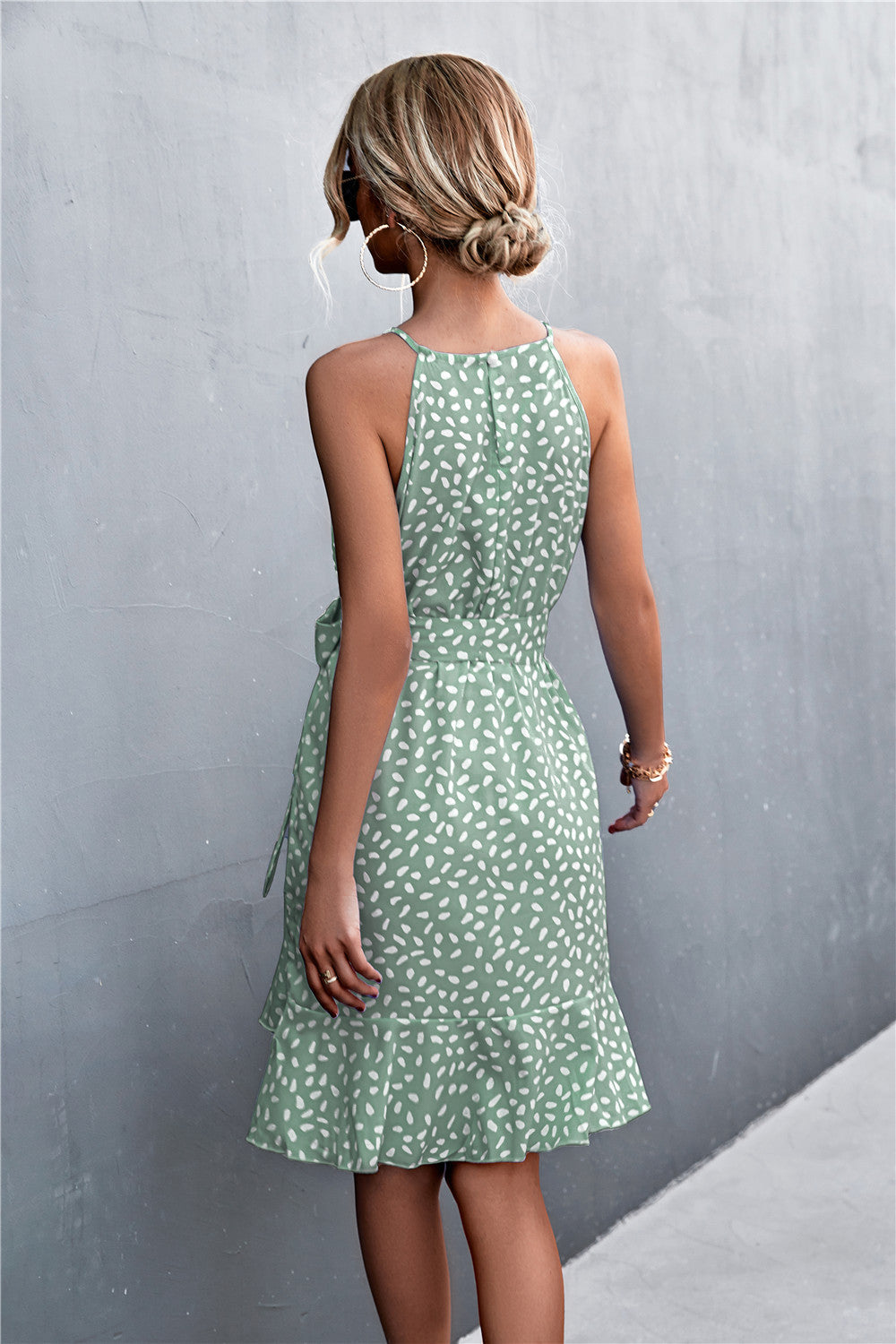 Printed Tie Waist Ruffle Hem Sleeveless Dress Trendsi