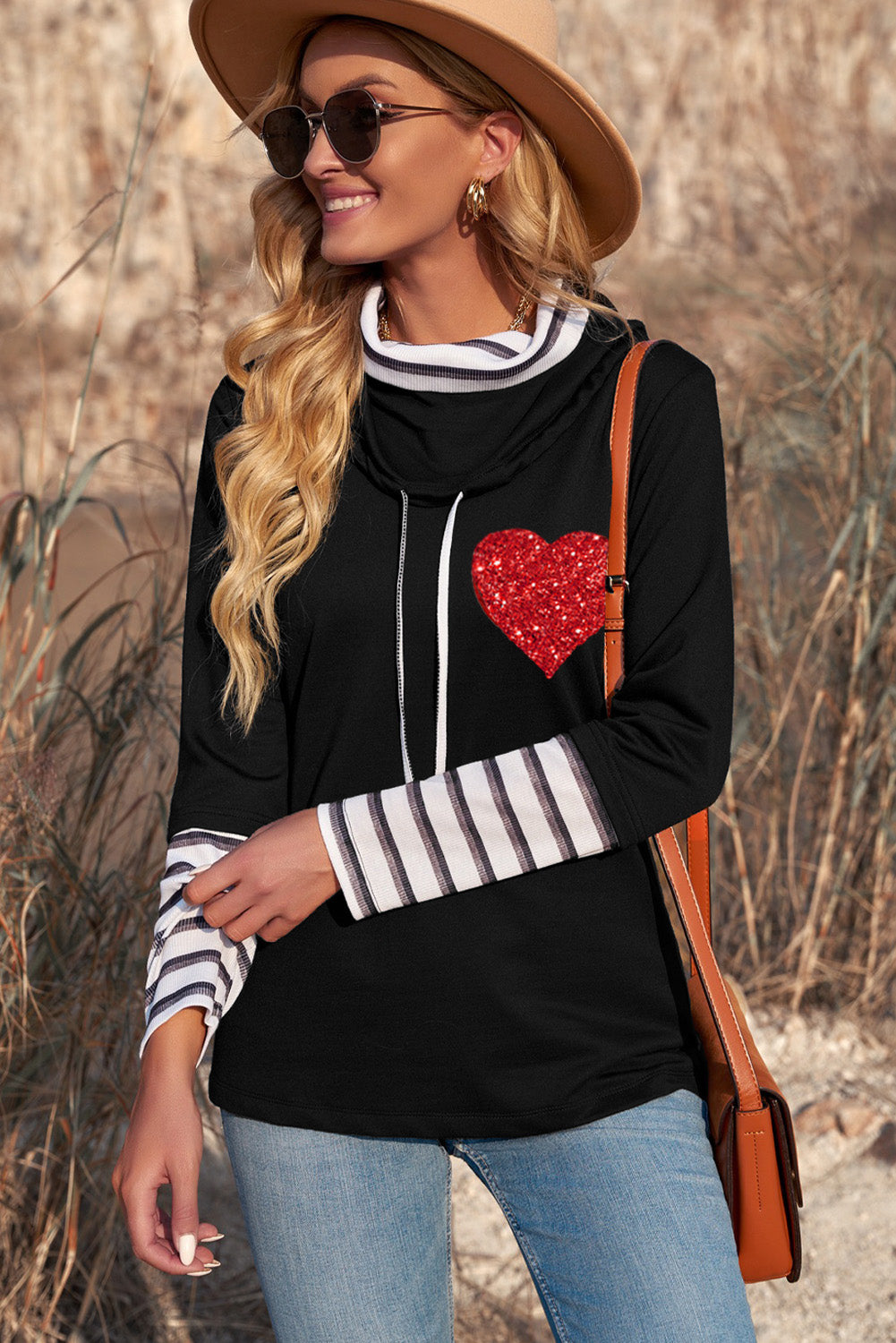 Striped Sequin Heart Graphic Long Sleeve Top Trendsi
