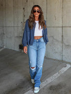 Ribbed Collared Neck Button Up Jacket Trendsi