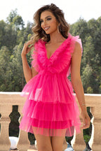 Ruffled V-Neck Sleeveless Mesh Dress Trendsi