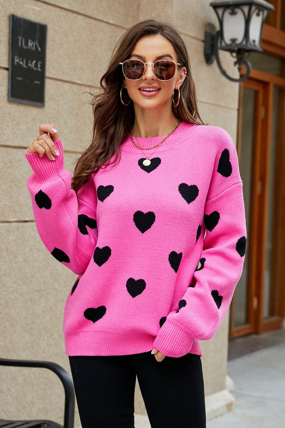 Heart Pattern Lantern Sleeve Round Neck Tunic Sweater Trendsi