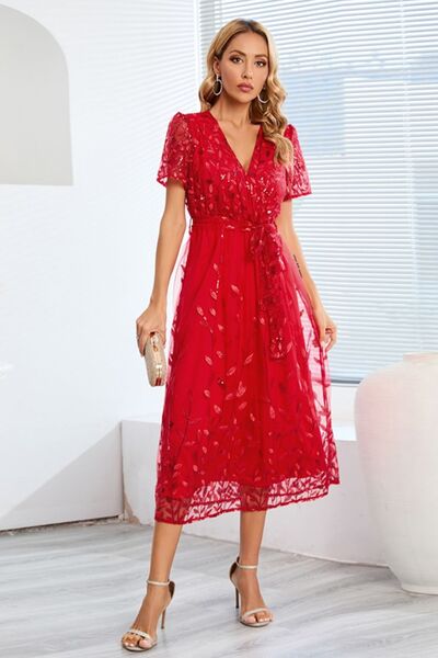 Sequin Leaf Embroidery Tie Front Short Sleeve Dress Trendsi