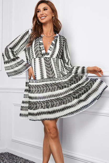 Printed Notched Neck Flare Sleeve Tiered Dress Trendsi