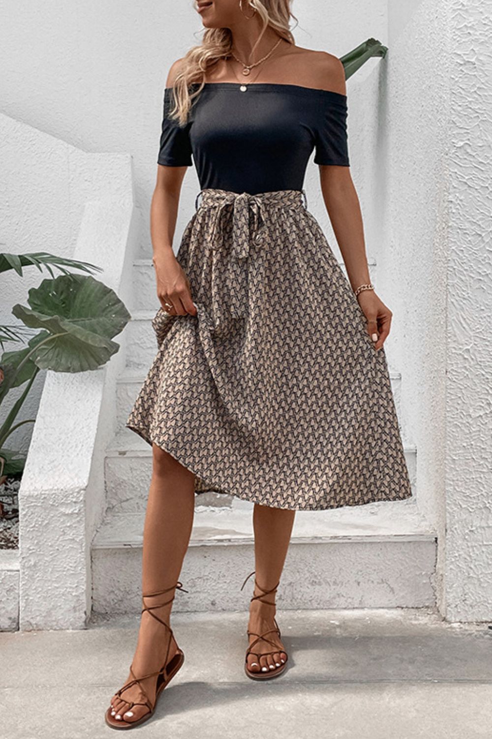 Printed Tie Belt Off-Shoulder Dress Trendsi