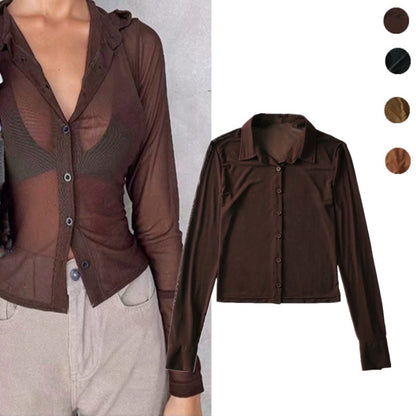 Women's Vintage Mesh Solid Button-Up Shirt ACLOSY