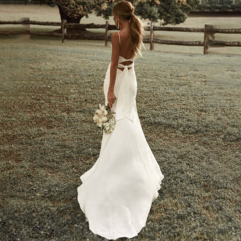 High Quality Satin French Sling Light Wedding Dress aclosy