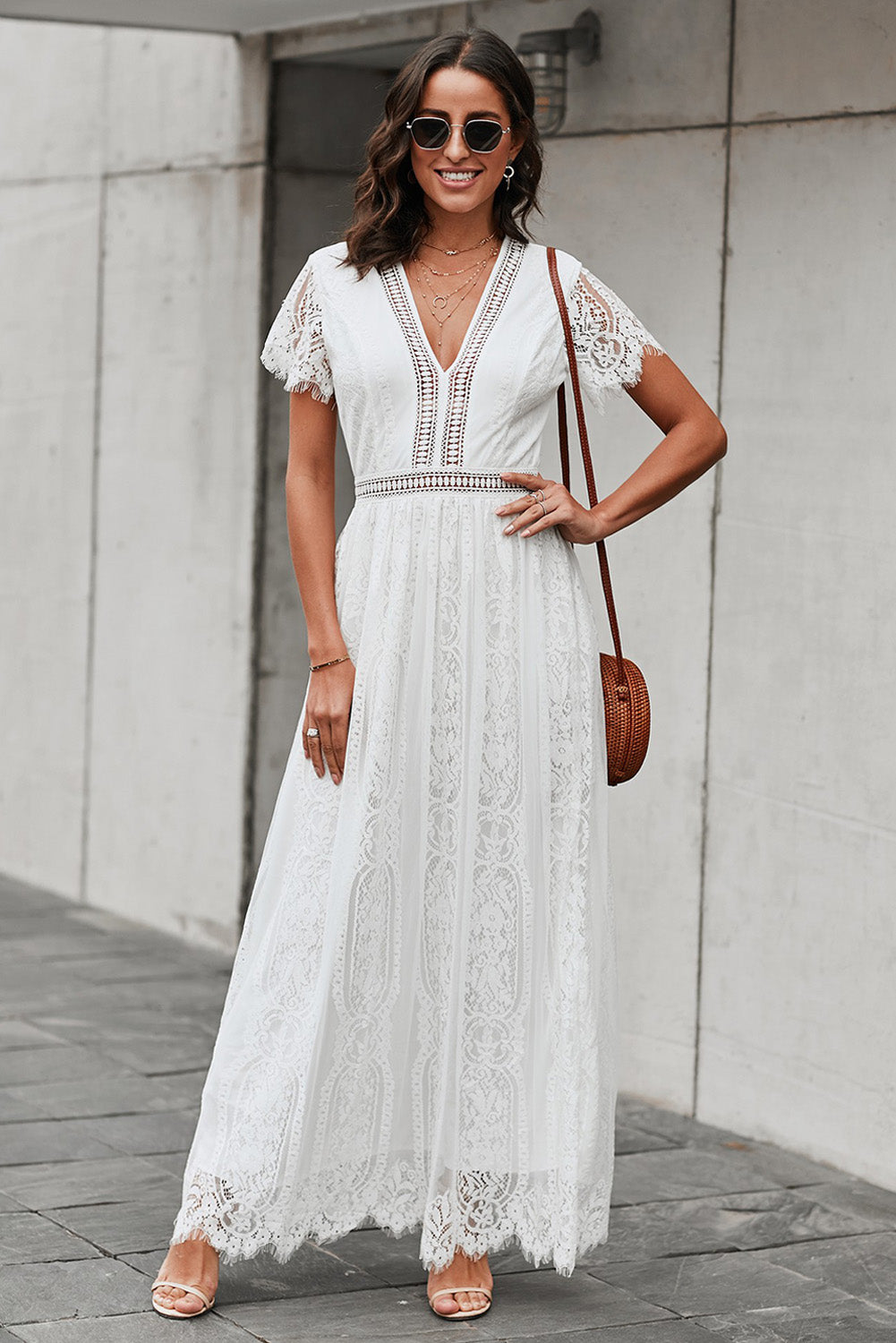 Scalloped Trim Lace Plunge Dress Trendsi