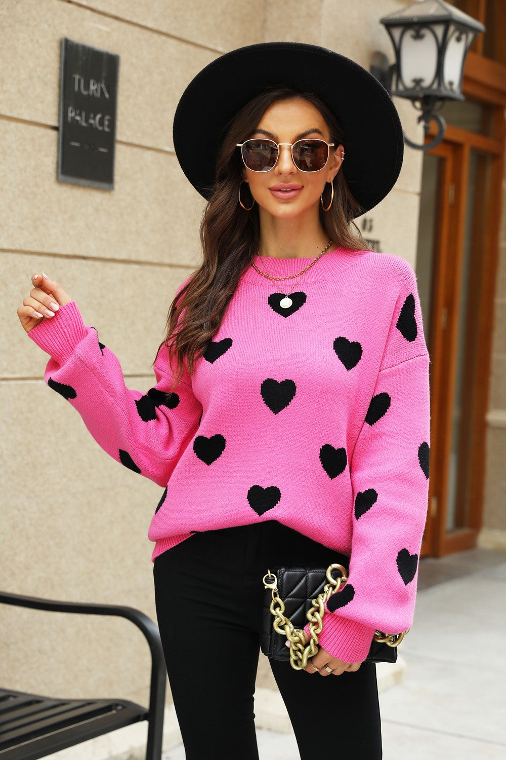 Heart Pattern Lantern Sleeve Round Neck Tunic Sweater Trendsi