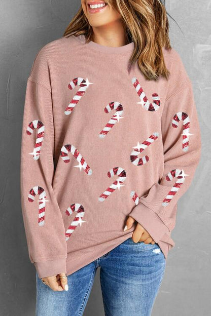Sequin Candy Cane Round Neck Sweatshirt Trendsi