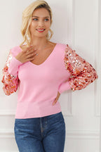 Sequin Long Sleeve V-Neck Sweater Trendsi