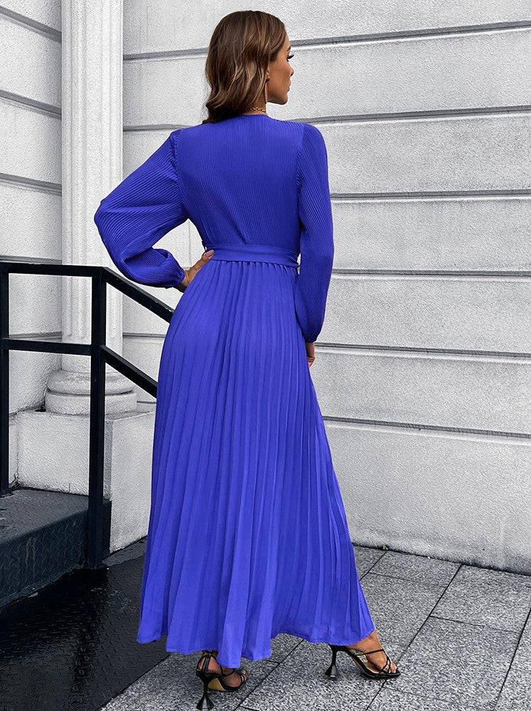 V-Neck Tie Waist Pleated Maxi Dress Trendsi