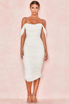 Lemily Ruched Draped Chiffon Dress-White Aclosy