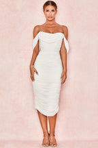 Lemily Ruched Draped Chiffon Dress-White Aclosy