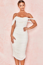 Lemily Ruched Draped Chiffon Dress-White Aclosy