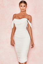 Lemily Ruched Draped Chiffon Dress-White Aclosy